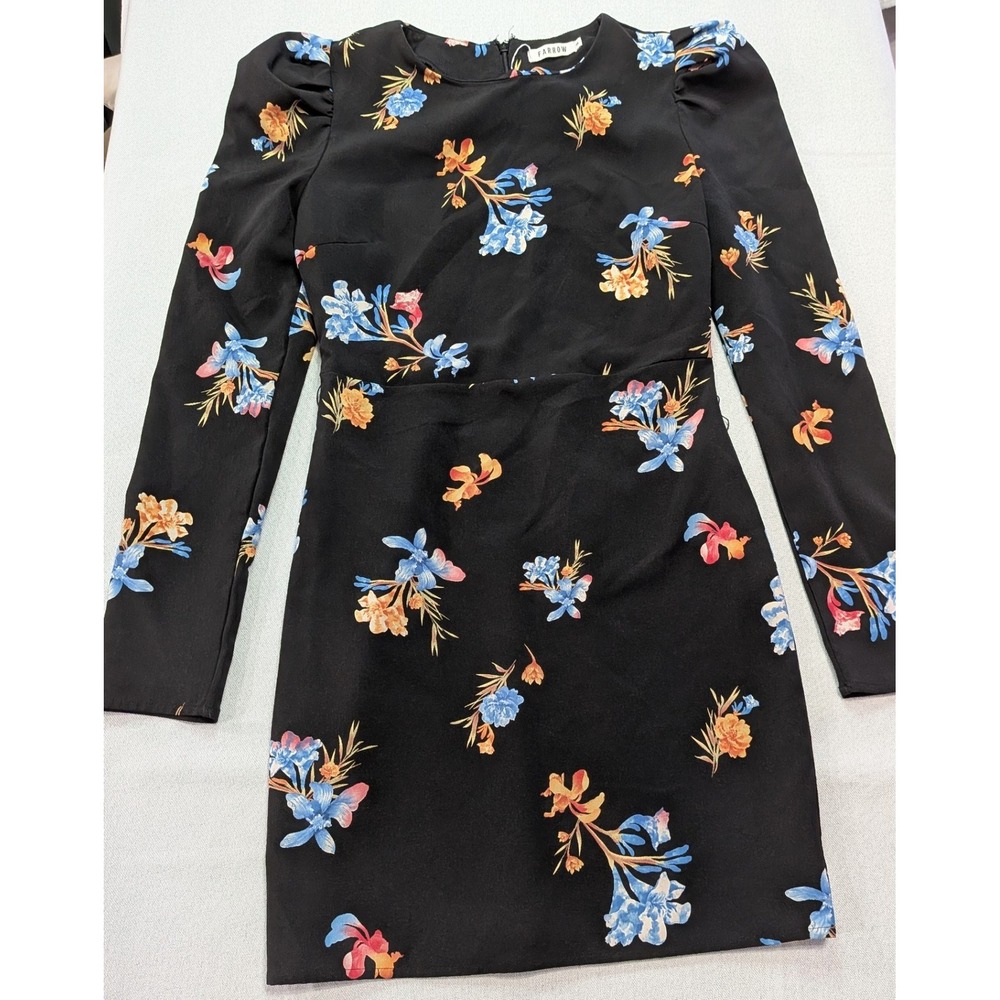 Farrow Floral Mini Dress Womens Small Black Excellent Puff Shoulder Long Sleeve